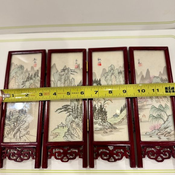 Chinese 4 Panel Screen Hand Painted Silk Lacquer Rose Wood - Signed, VTG, RARE - Picture 8 of 11